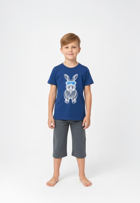 Pijama copii cu maneca scurta si pantaloni 3/4,culoare bleumarin,Engros